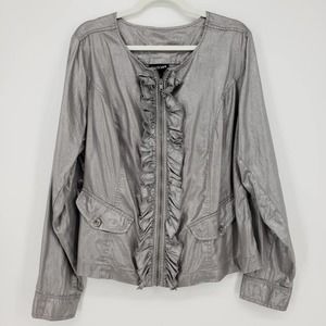 Lane Bryant Zip Up Jacket 18 Ruffle Collarless Linen & Cotton Metallic Silver